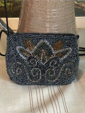 Beaded Crossbody Small Purse | Black Floral Design Zip Closure